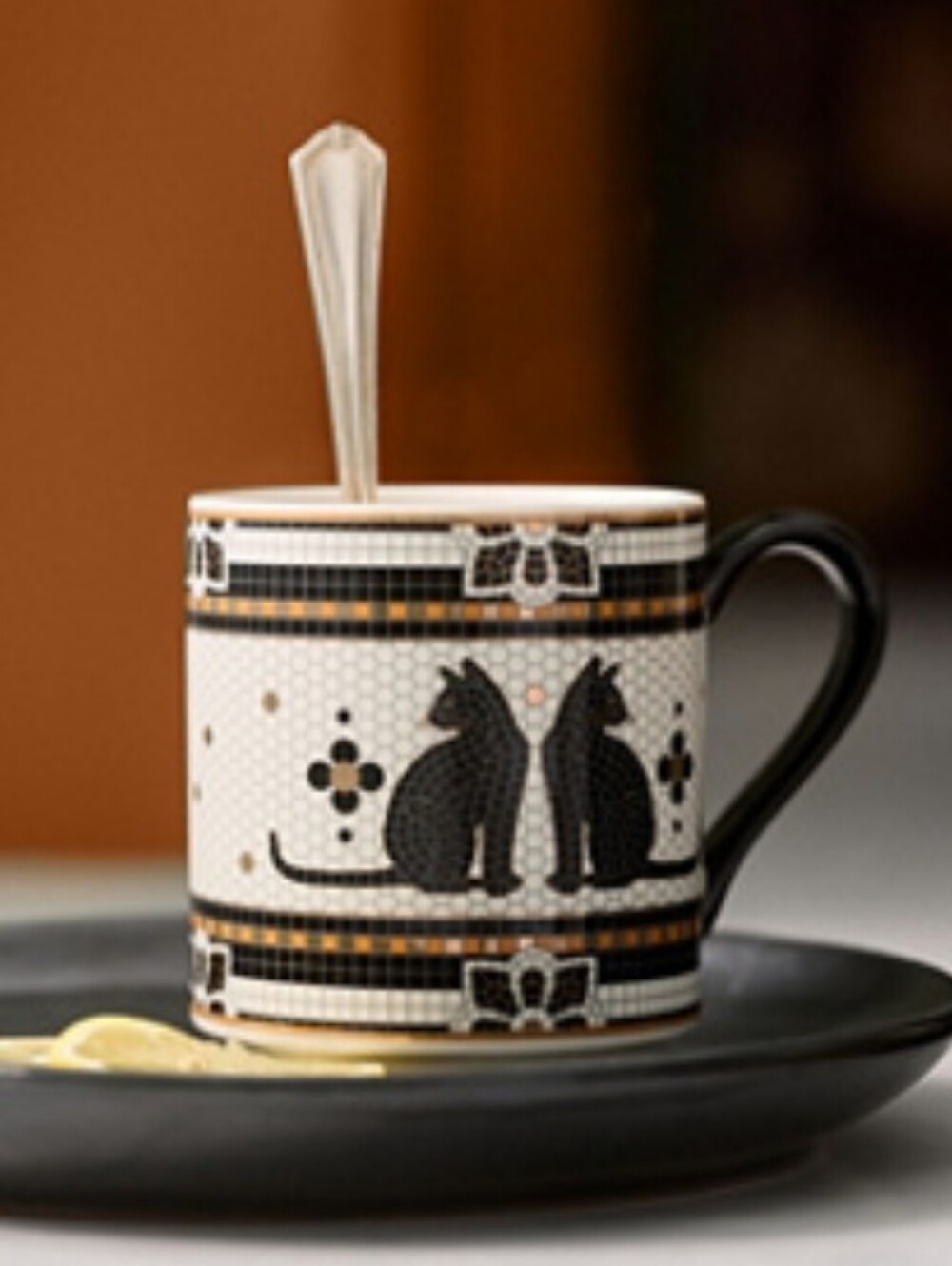 NWT Bistro Tile Stoneware 24k Gold Accent Halloween Espresso Cup